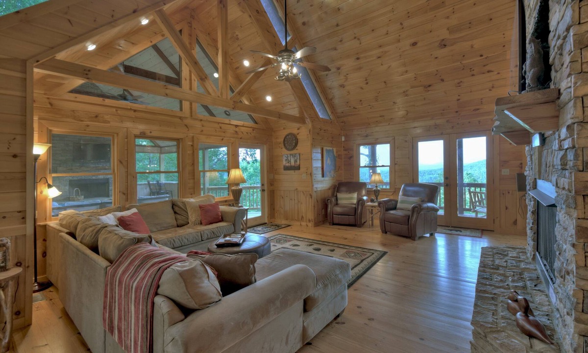 Raccoon Ridge Cabin | Majestic long range mountain views! Pet friendly! Bed & bath each level for privacy, gathering porch outdoor fireplace in Aska Adventure Area