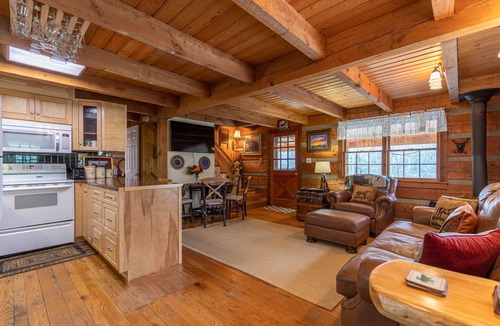 Elk Park House | Creeksong Cabin - log home with fire pit, large creek on property