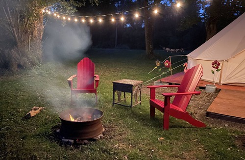 Black Creek RV Rental | Luxurious Bell Tent Near Allegany State Park Fire Pit Creekside Glamping